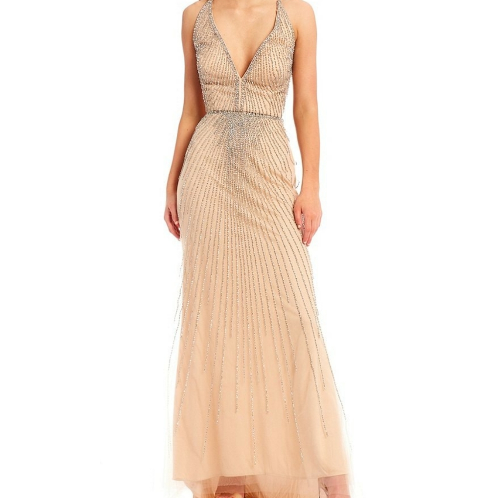 Social Sleeveless Plunging V-Neck Lace-up-Back Beaded Ball Gown